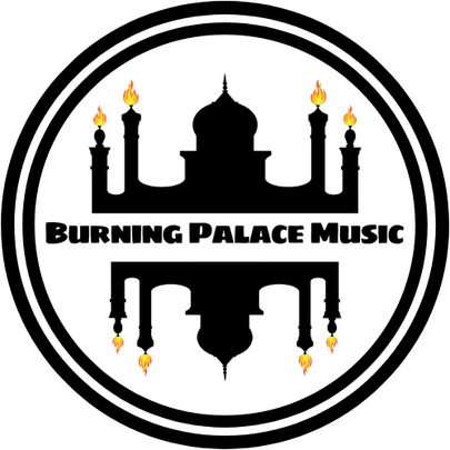 BPM circular black logo with a white double-ring border, stylized palace silhouette with domes and minarets, small flames on palace elements, and bold “Burning Palace Music” text across the center.