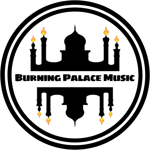 BPM circular black logo with a white double-ring border, stylized palace silhouette with domes and minarets, small flames on palace elements, and bold “Burning Palace Music” text across the center.