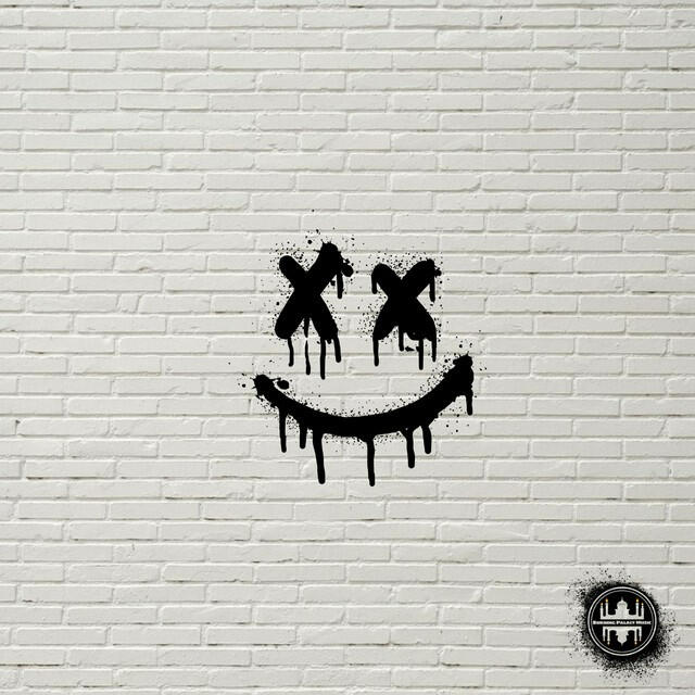 Go Getter Minimal cover with a white brick wall background and a black graffiti-style smiley face with X-shaped eyes and paint drips. Burning Palace Music logo appears in the bottom right corner.