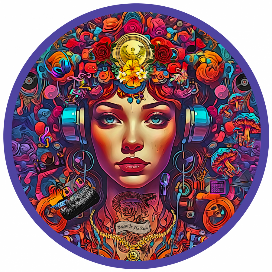 Believe in the Music Circular artwork featuring a stylized woman wearing headphones, surrounded by colorful abstract elements, flowers, and music symbols. Highly detailed, psychedelic style with vibrant neon tones.