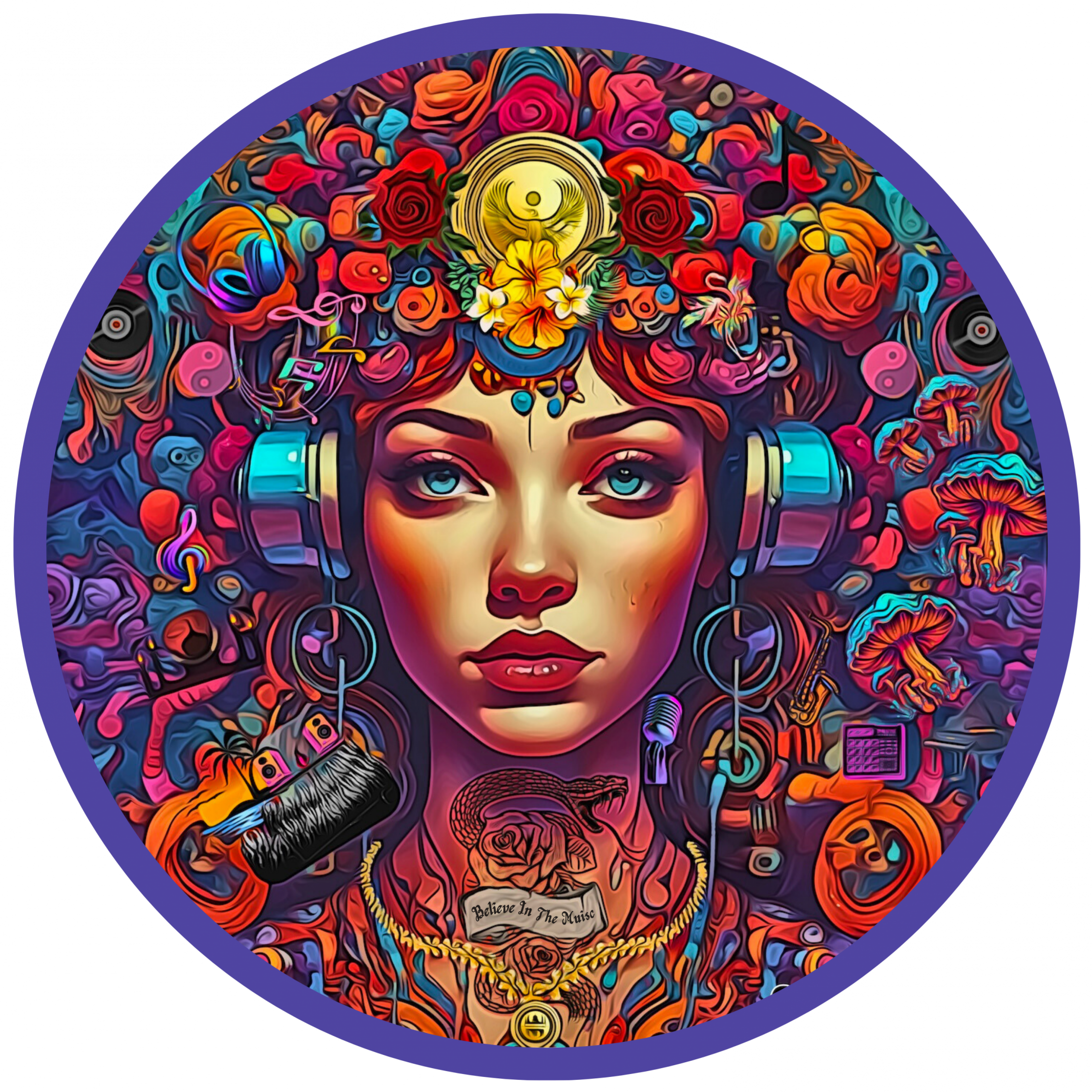 Believe in the Music Circular artwork featuring a stylized woman wearing headphones, surrounded by colorful abstract elements, flowers, and music symbols. Highly detailed, psychedelic style with vibrant neon tones.