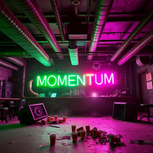Momentum Underground bar interior with neon “MOMENTUM” sign glowing green and pink. Industrial ceiling pipes above, scattered cups and debris on the floor, speakers and bar counter in the background.
