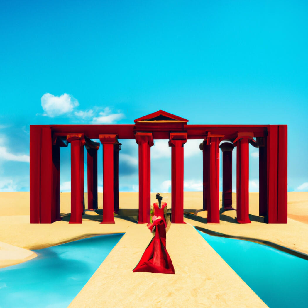 Surreal scene with bright red classical columns in a desert landscape. A figure in a flowing red dress walks toward the structure between two pools of water under a blue sky.