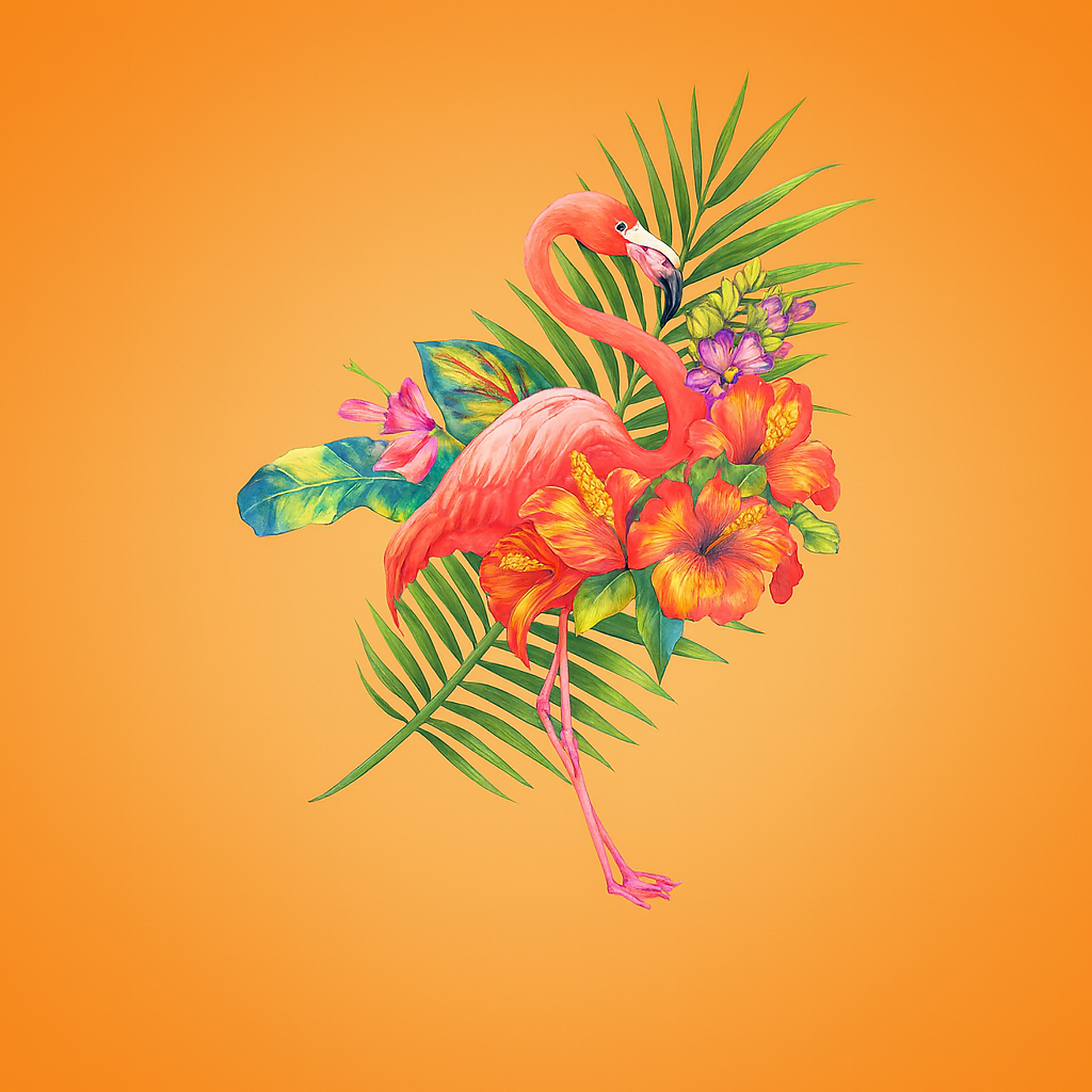 Illustration of a pink flamingo surrounded by vibrant tropical flowers and green palm leaves, set against a bright orange background.